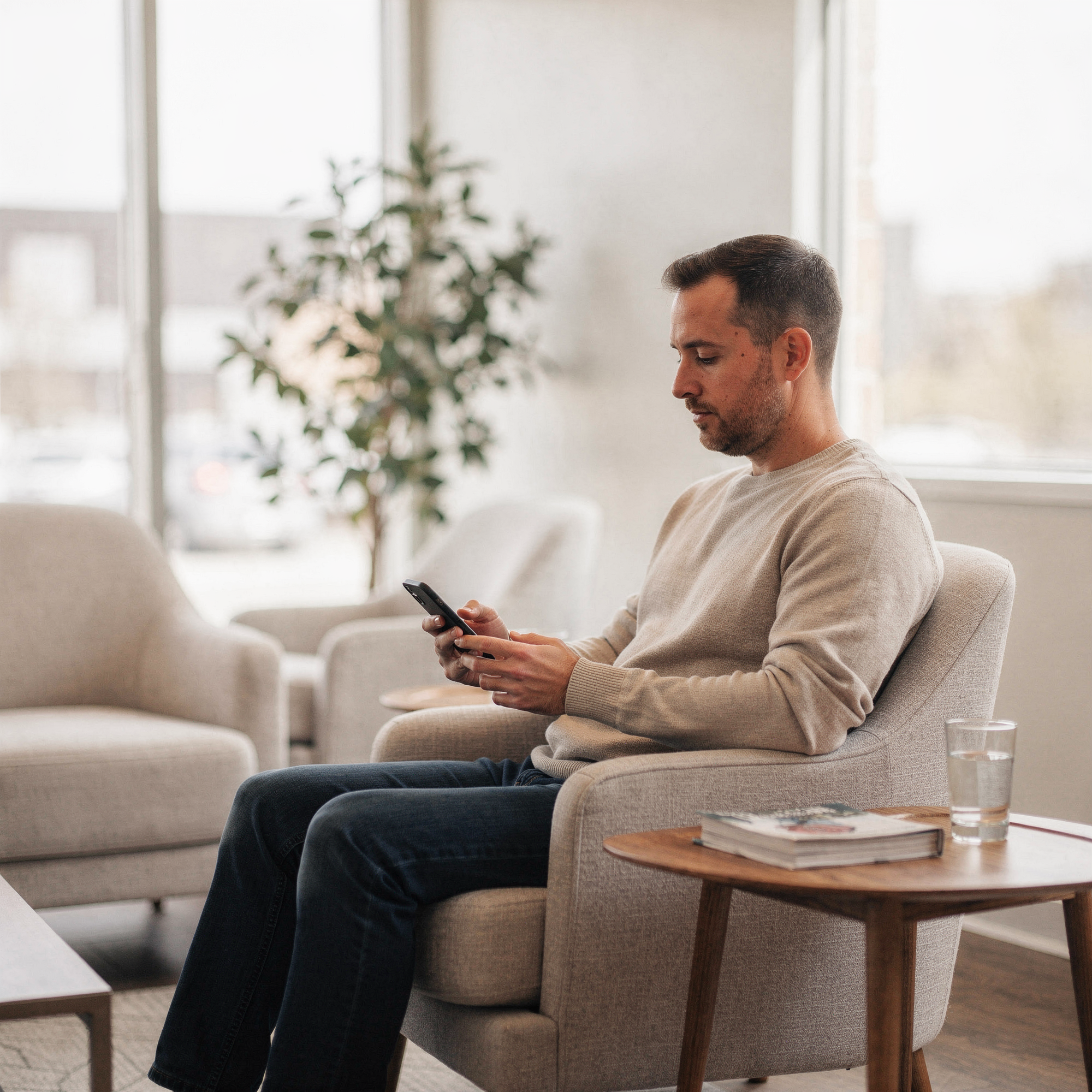 Man sitting in a bright office waiting room, looking at his phone while seated in a comfortable chair near a window and potted plant